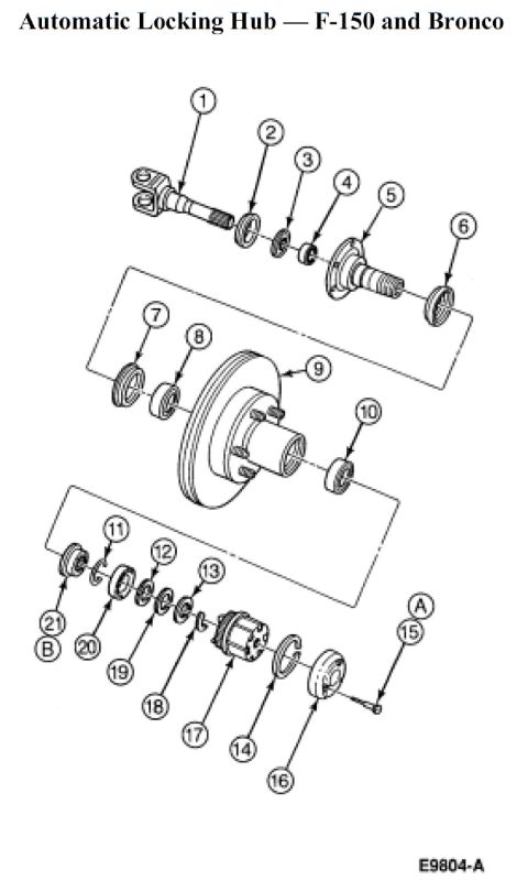 1995 Ford Bronco - Exploded view diagram of automatic locking hub components for F-150 and Bronco.