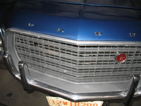 1972 Ford Ranchero - Front view of a blue 1972 Ford Ranchero, its distinctive grille and chrome bumper.