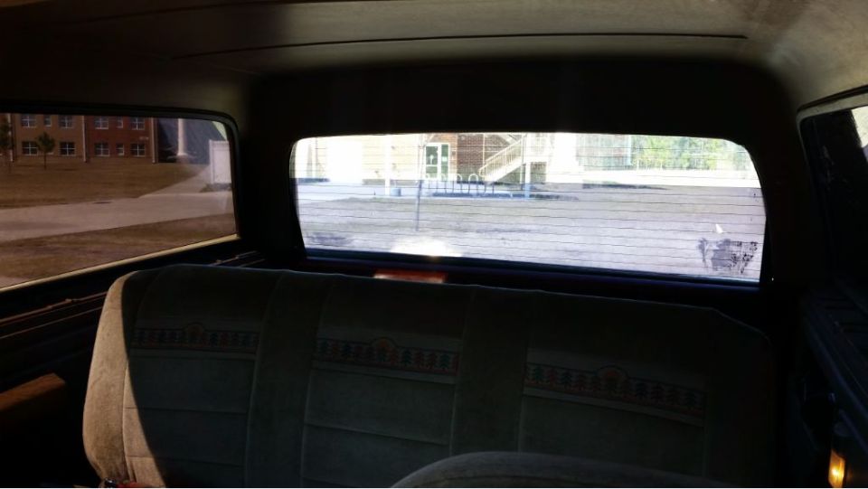Interior rear seat and window view of a 1989 Ford Bronco
