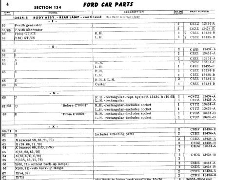 1973 Ford Ranchero - Page from a Ford car parts catalog detailing body assembly and rear lamp components.