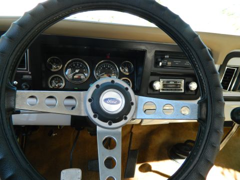 1979 Ford Bronco - Interior view of a vehicle's dashboard and steering wheel, showing gauges and a radio.