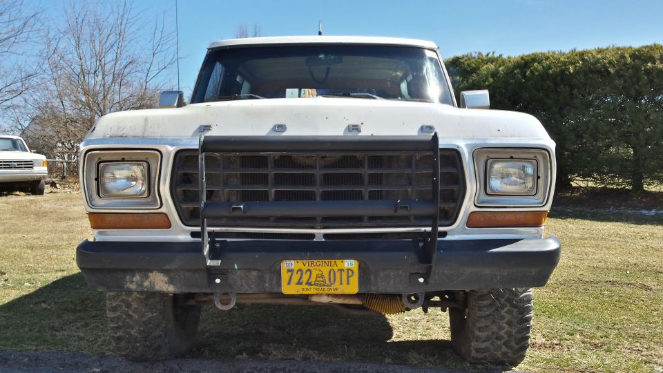 White 1979 Ford Bronco front view with brush guard and Virginia license plate