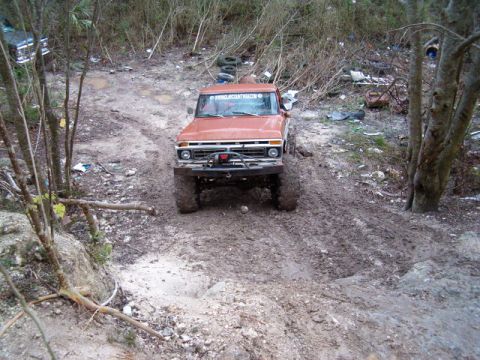 1991 Ford Bronco - This Ford F-Series truck is navigating a muddy trail with trees and debris in the background.