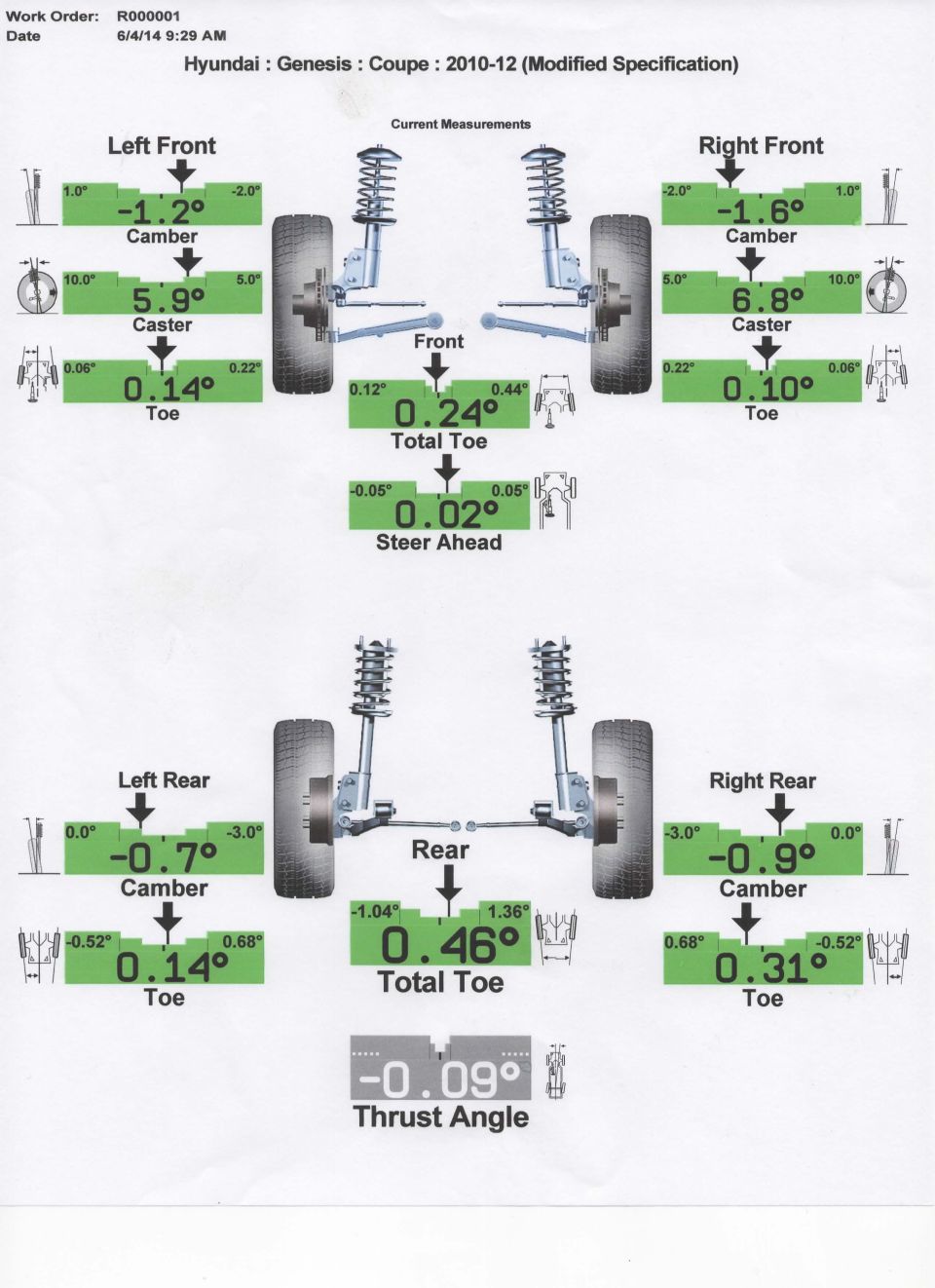 Wheel alignment document for a 2010-12 Hyundai Genesis Coupe showing front and rear camber, caster, and toe measurements