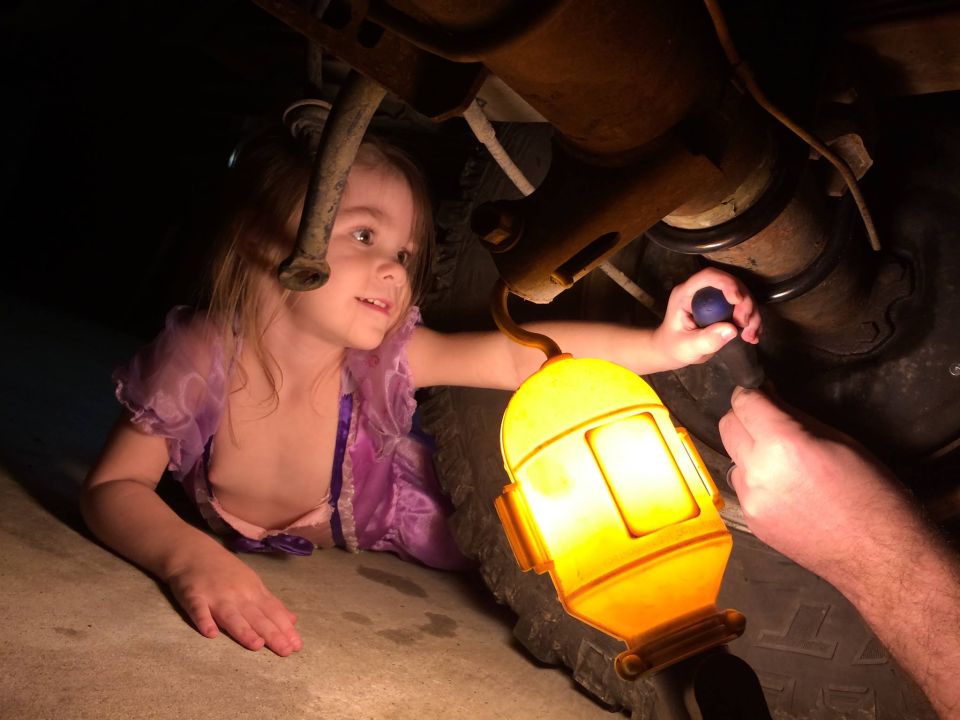 Arabella (3 yo) helping turn the adjuster - wearing a Sophia the First constume.