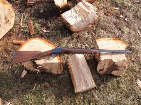 1995 Mercury Grand Marquis - A lever-action rifle is displayed on cut logs in a grassy area.