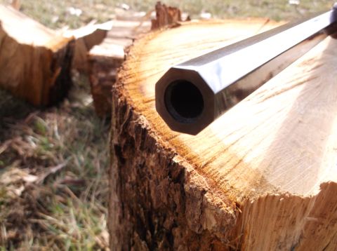 1995 Mercury Grand Marquis - The octagonal muzzle of a gun barrel is shown resting on a cut log outdoors.