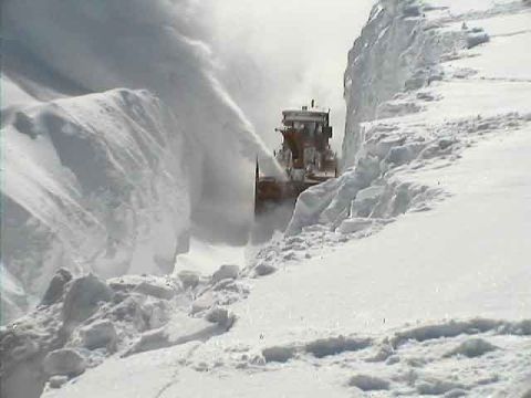 1979 Ford Bronco - A powerful snow blower is seen clearing a path through massive snowdrifts, demonstrating its capability in heavy winter conditions.