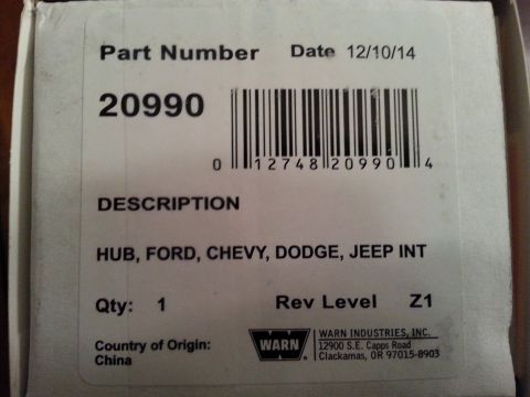 1981 Ford Bronco - Box label for Warn hub part number 20990, compatible with Ford, Chevy, Dodge, and Jeep.