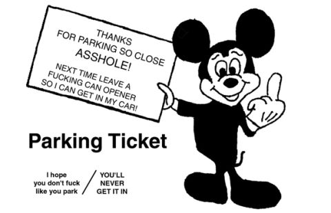 2002 Ford Taurus - Mickey Mouse expresses his displeasure with a parking ticket and a rude gesture.