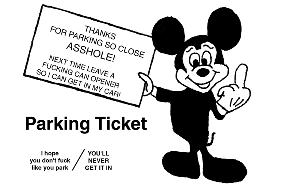 Mickey Mouse with a parking ticket and middle finger