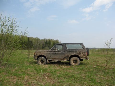 1987 Ford Bronco - A 1987 Ford Bronco sits covered in mud in a grassy, wooded area under a partly cloudy sky.