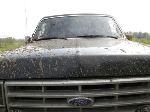 1987 Ford Bronco - Front view of a muddy 1987 Ford Bronco. The Supermotors.net watermark is present.