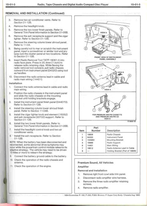 1996 Ford Bronco - This diagram illustrates the process for removing and installing a car radio chassis and amplifier.