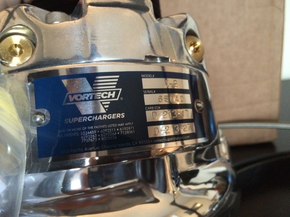 Vortech V-6 supercharger with serial number 66040 and CARB EO numbers D-213-17 and D-213-27