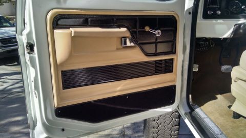 1979 Ford Bronco - The interior door panel shows a tan and black design with a chrome window crank and speaker grille.