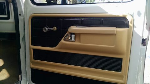 1979 Ford Bronco - Interior door panel features tan trim, black accents, and chrome hardware.