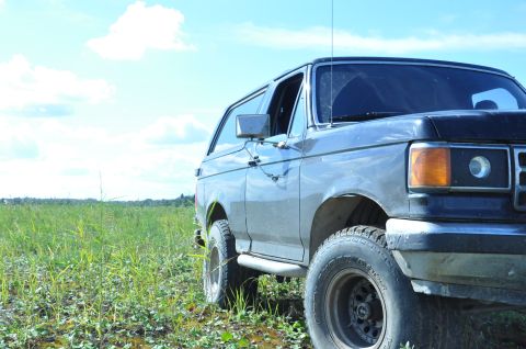 1987 Ford Bronco - This 1987 Ford Bronco is captured in a three-quarter front view, parked in a lush, green field under a bright blue sky.