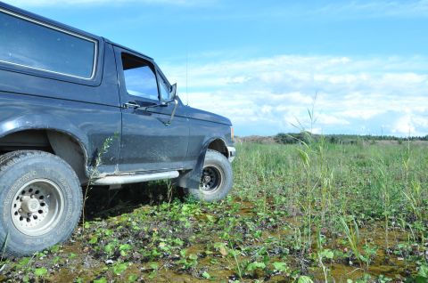 1987 Ford Bronco - Side view of a 1987 Ford Bronco in a grassy, muddy area under a cloudy sky.