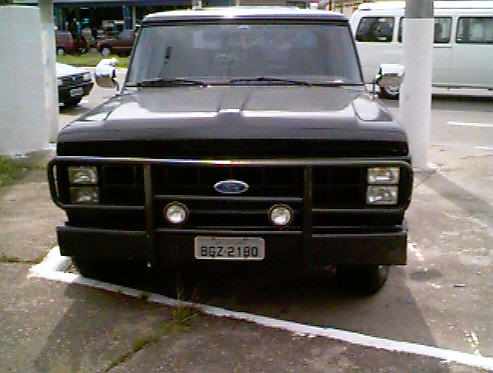 Front view of black Ford truck with grille guard and license plate BGZ-2180