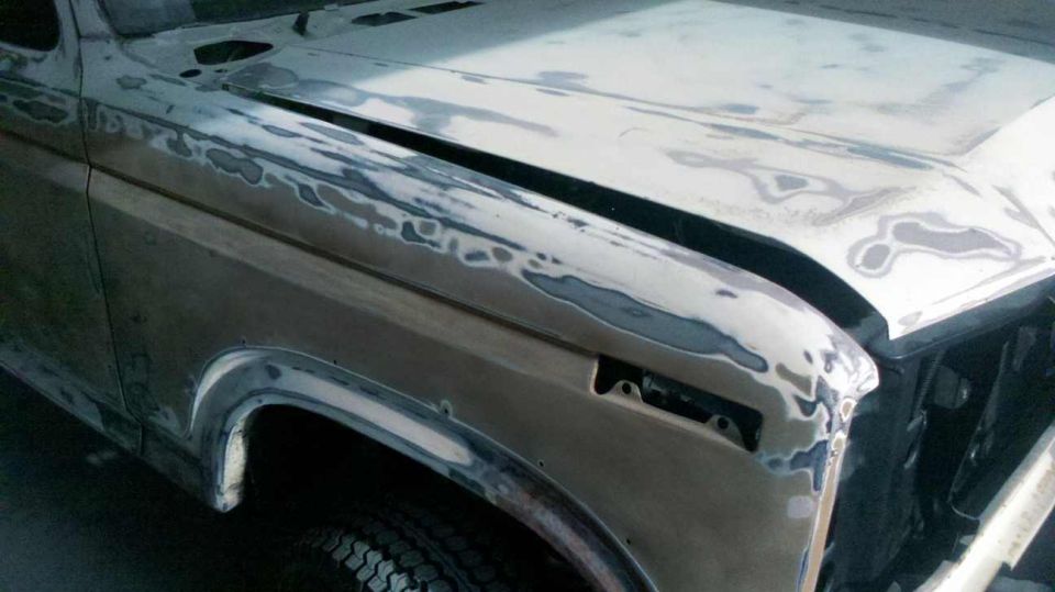 1982 Ford Bronco front fender and hood with body filler