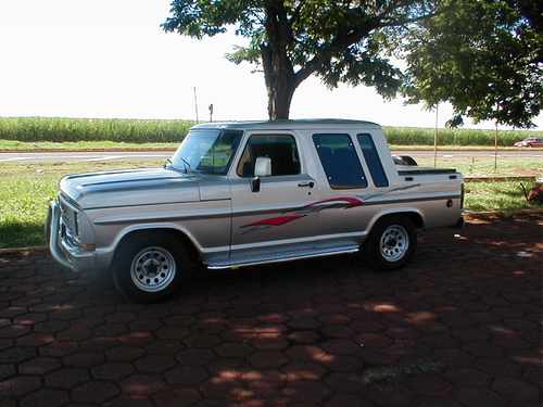 Silver pickup truck with red graphics on the side, parked on a paved surface under a tree