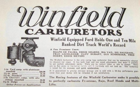 1915 Ford Model T - Advertisement for Winfield Carburetors, highlighting their use in racing and listing prices for various applications.