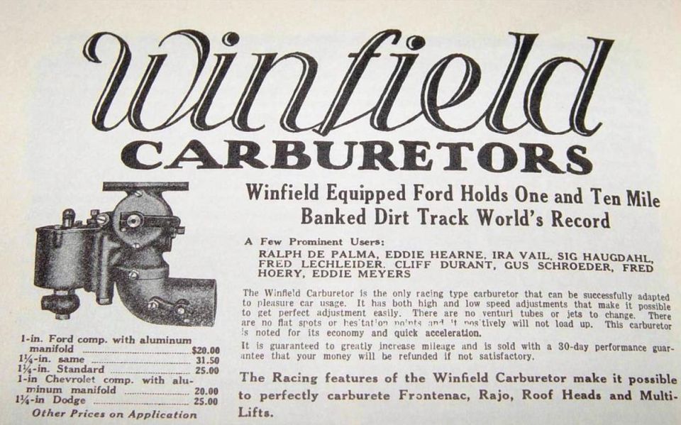 Advertisement for Winfield Carburetors, showing a carburetor and listing prices for Ford, Chevrolet, and Dodge