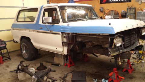 1978 Ford Bronco - This 1978 Ford Bronco is in a garage, with its front end removed for repairs.