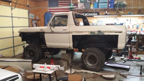 1978 Ford Bronco - This 1978 Ford Bronco is undergoing repairs in a workshop setting.