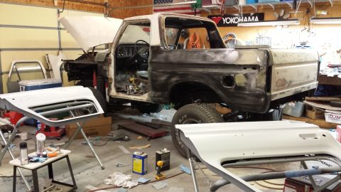 1978 Ford Bronco - This 1978 Ford Bronco is in a garage, stripped down for body repair and painting.