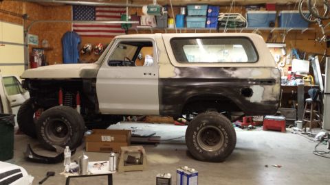 1978 Ford Bronco - This 1978 Ford Bronco is in a garage, undergoing repairs and bodywork.