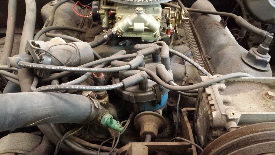 Engine bay with carburetor and distributor cap visible