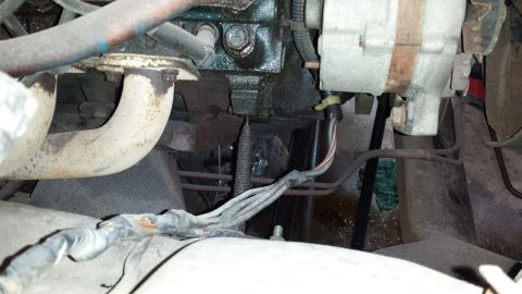 1978 Ford Bronco - Close-up of engine components including exhaust and alternator, with visible wiring.
