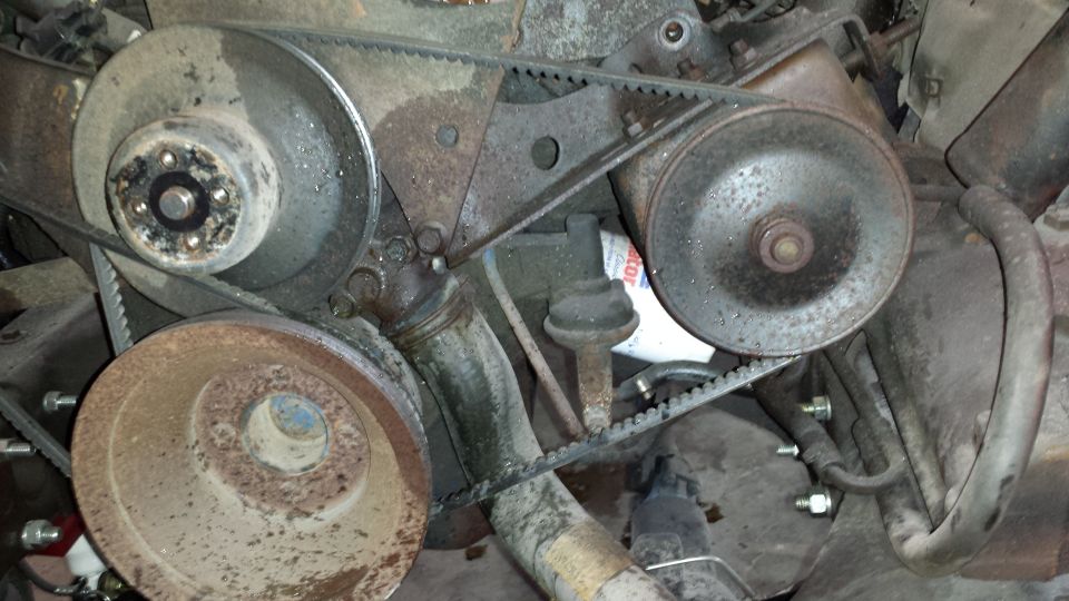 Engine bay with belts and pulleys, oil filter visible
