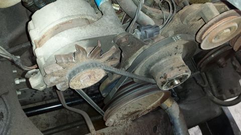 1978 Ford Bronco - This image shows a close-up view of the engine's belt-driven accessory system, including the alternator and pulleys.