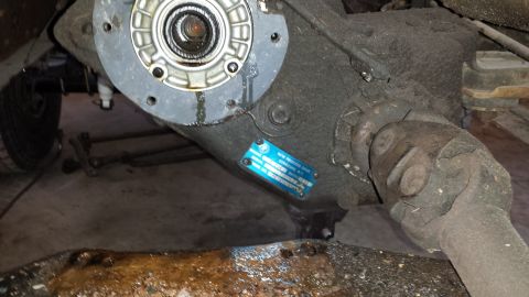 1978 Ford Bronco - A blue data plate is visible on the differential housing, showing part numbers and manufacturer information.