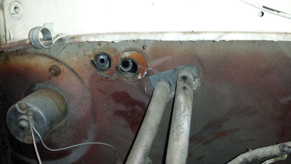 1978 Ford Bronco firewall with heater core tubes and grommets
