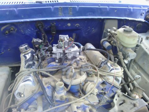 1978 Ford Bronco - The engine bay of a 1978 Ford Bronco shows a V8 engine with a carburetor and blue painted firewall.