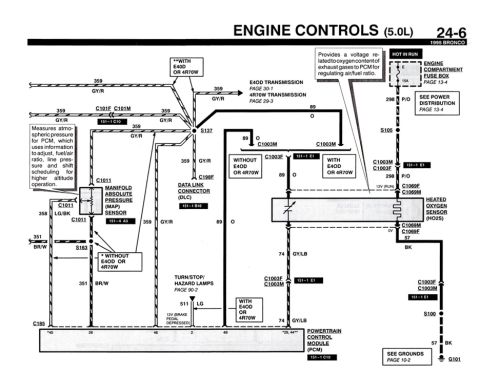 1990 Ford Bronco - Wiring diagram of the 5.0L engine controls showing the PCM, MAP sensor, heated oxygen sensor and color-coded circuits.