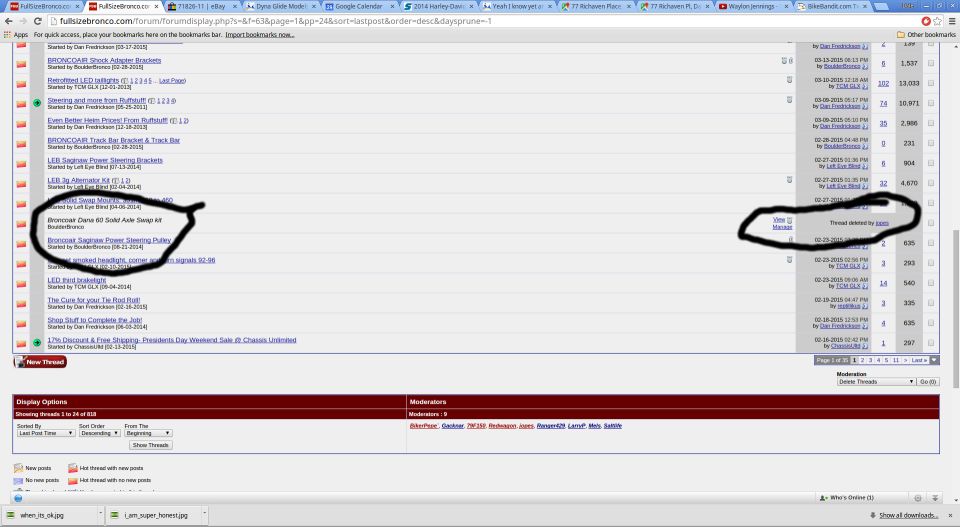 Browser screenshot of a forum thread index listing with several rows circled