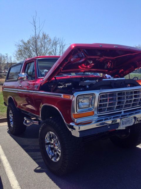 1979 Ford Bronco - This red 1979 Ford Bronco is shown with its hood open, revealing the engine bay and a chrome grille.