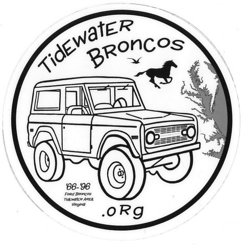 1979 Ford Bronco - This sticker depicts a Ford Bronco with text indicating 'Tidewater Broncos' and a website address.