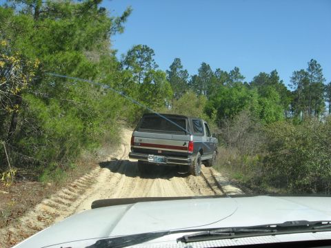1994 Ford Bronco - Two vehicles on a dirt road in a wooded area. The rear of a 1994 Ford Bronco is visible.