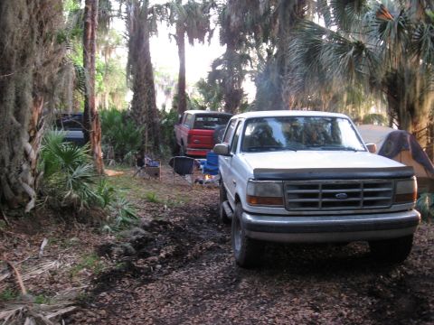 1994 Ford Bronco - A white Ford F-Series truck is parked in a wooded area with other vehicles and camping gear.