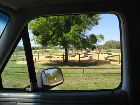1994 Ford Bronco - View from inside a vehicle shows a park with a tire obstacle course and picnic tables under a large tree.