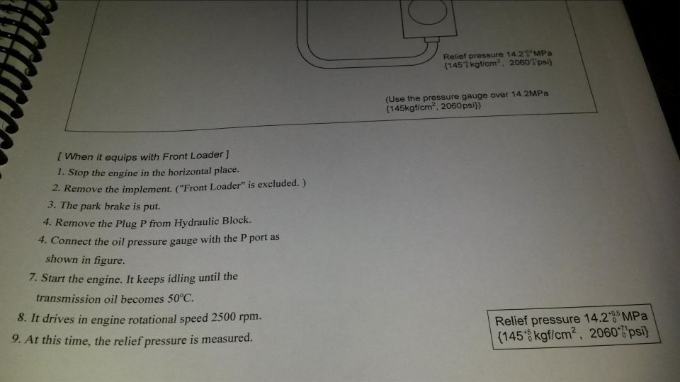 Document page showing hydraulic system diagram and numbered instructions for testing relief pressure