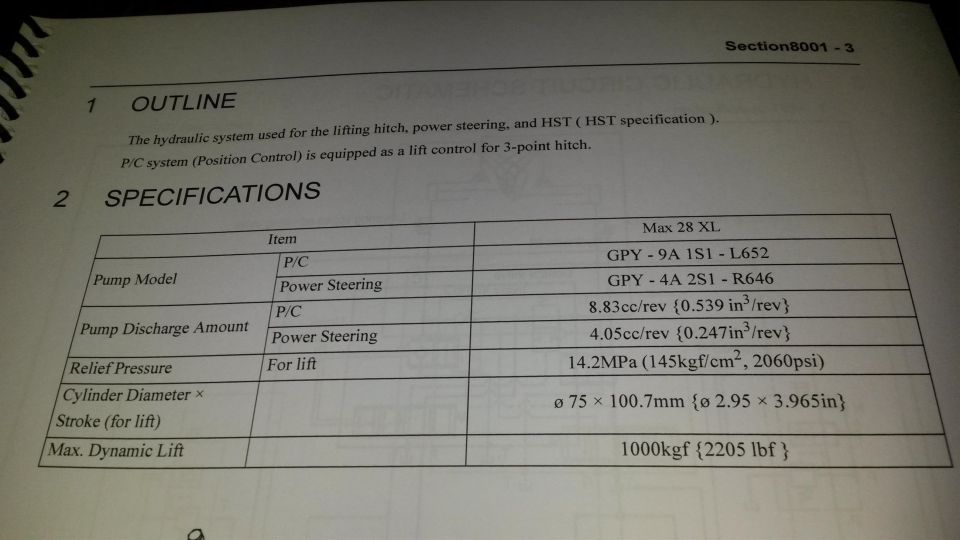 Page from a manual detailing hydraulic system specifications, including pump model, discharge amount, relief pressure, and cylinder dimensions