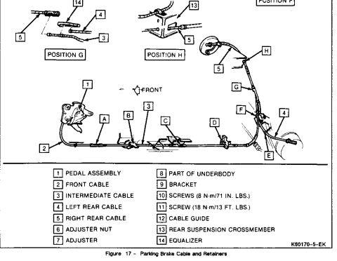 1991 Buick Reatta - This diagram illustrates the components and routing of a vehicle's parking brake cable system.