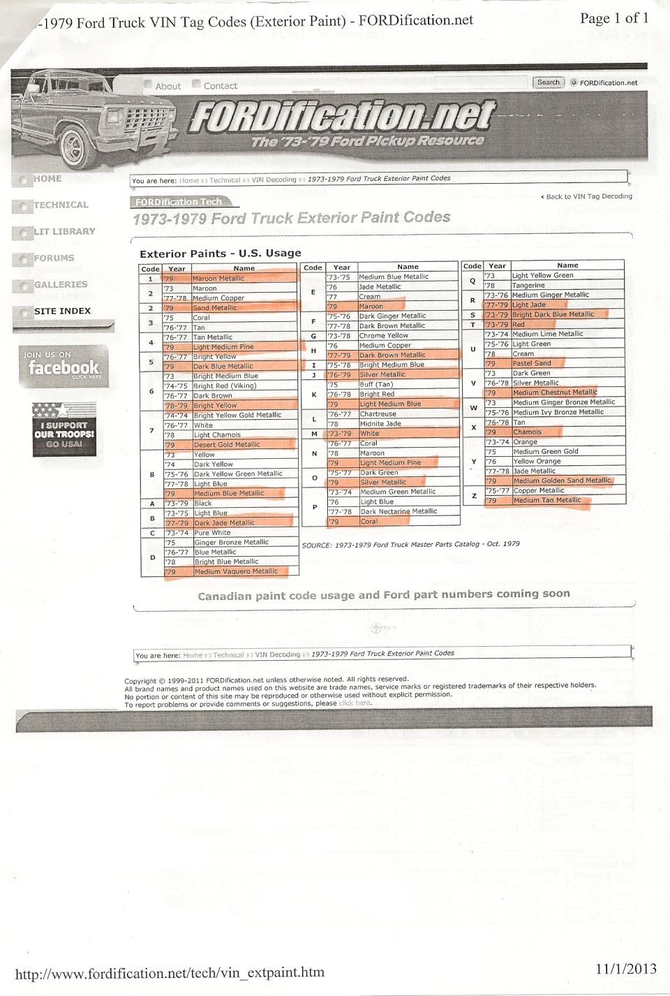 Printed FORDification.net chart of 1973-1979 Ford truck exterior paint codes with '79 colors highlighted